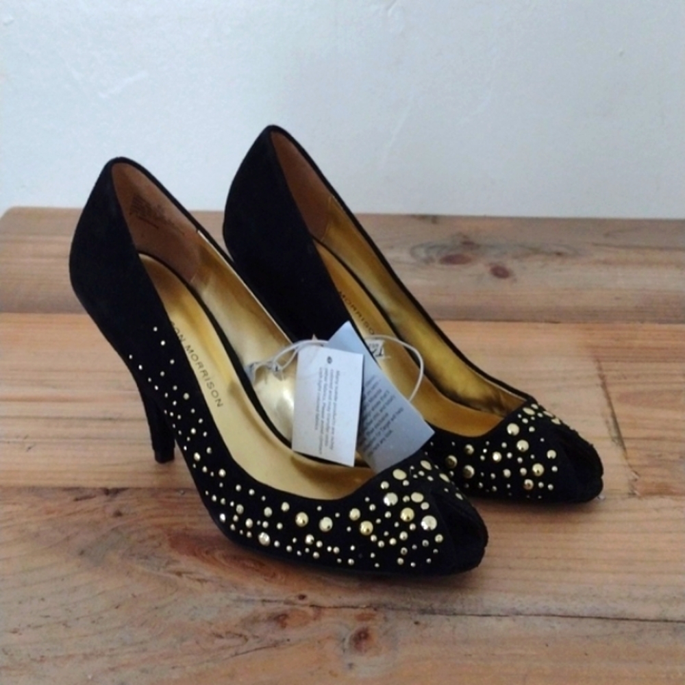Sigerson Morrison Black Suede Divya Peep Toe Beaded Heels NWT Size 7.5